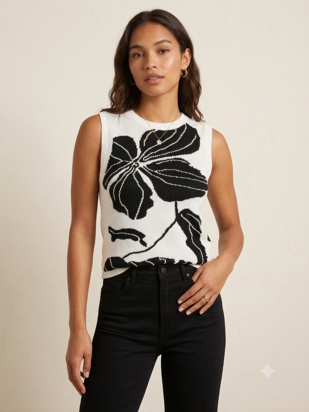 Commense Black & White Floral Knit Tank
